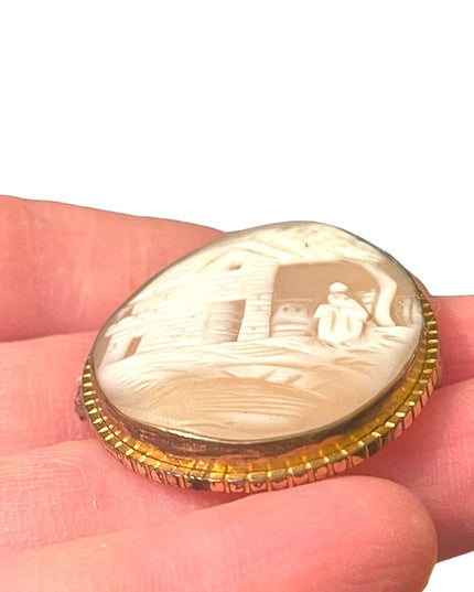 Antique Carved shell CAMEO Rebecca Gold filled pendant brooch Victorian
