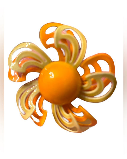 Vintage 1960s Orange Large fancy metal enameled flower brooch