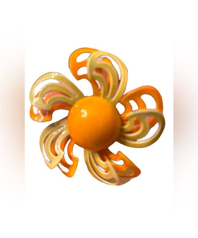 Vintage 1960s Orange Large fancy metal enameled flower brooch