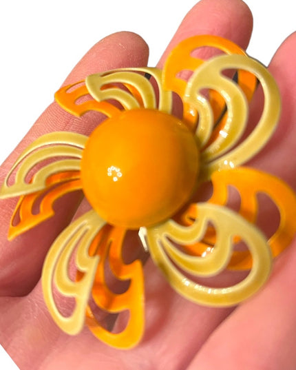 Vintage 1960s Orange Large fancy metal enameled flower brooch