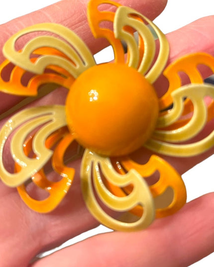 Vintage 1960s Orange Large fancy metal enameled flower brooch