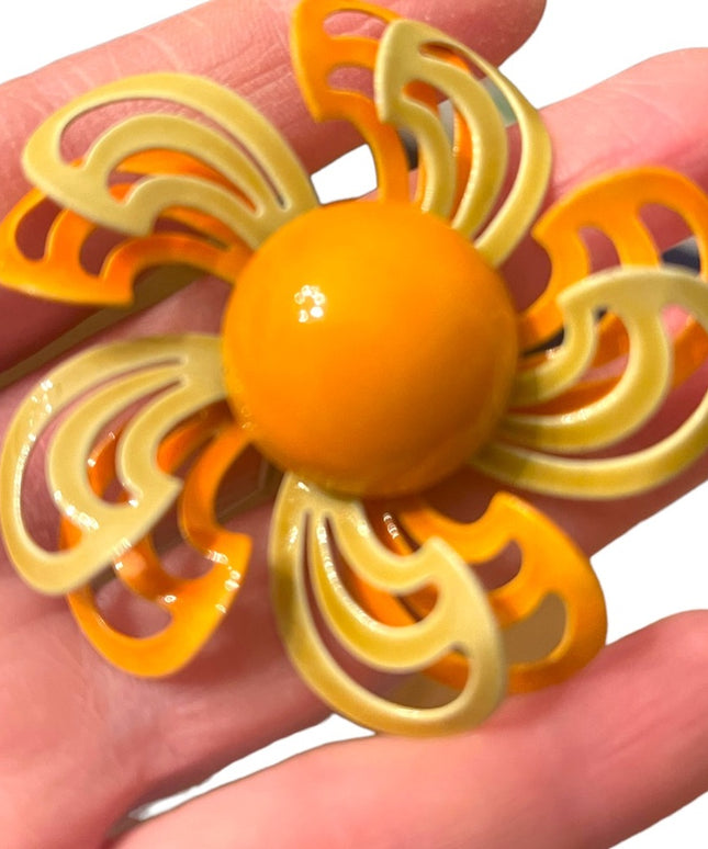 Vintage 1960s Orange Large fancy metal enameled flower brooch