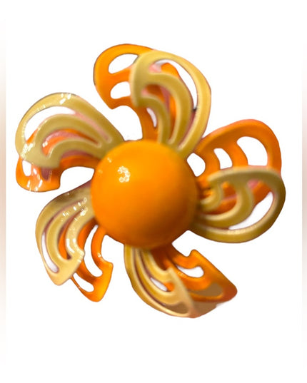 Vintage 1960s Orange Large fancy metal enameled flower brooch