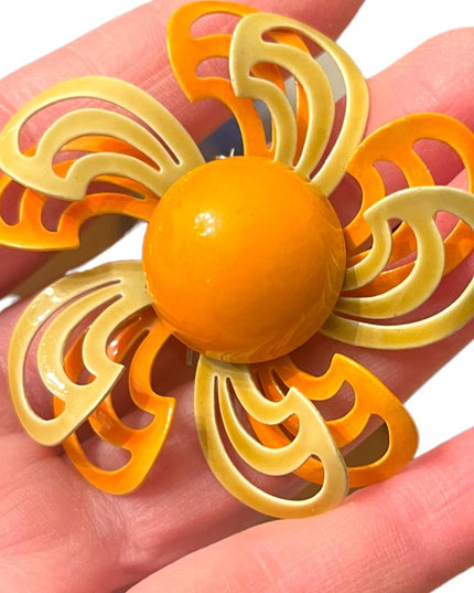 Vintage 1960s Orange Large fancy metal enameled flower brooch