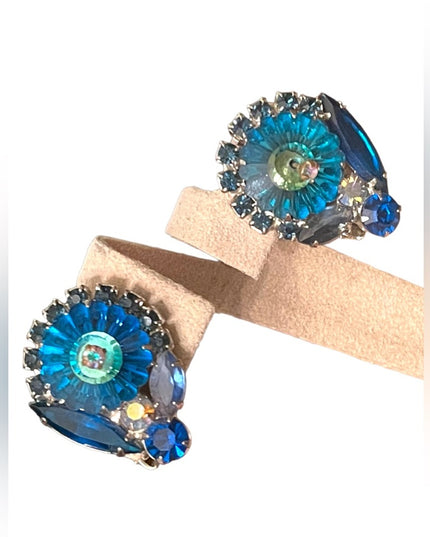 Vintage Capri Blue Rivoli Glass Juliana fancy D&E clip on esrrings