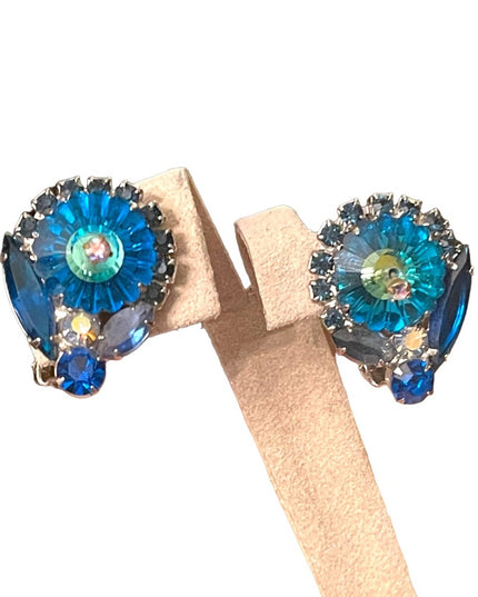 Vintage Capri Blue Rivoli Glass Juliana fancy D&E clip on esrrings