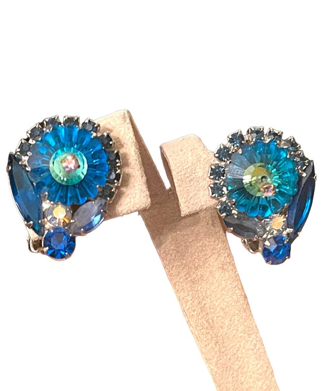 Vintage Capri Blue Rivoli Glass Juliana fancy D&E clip on esrrings