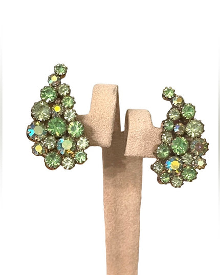 Vintage Uranium Glass? Weiss Unsigned green crystal rhinestone leaf earrings