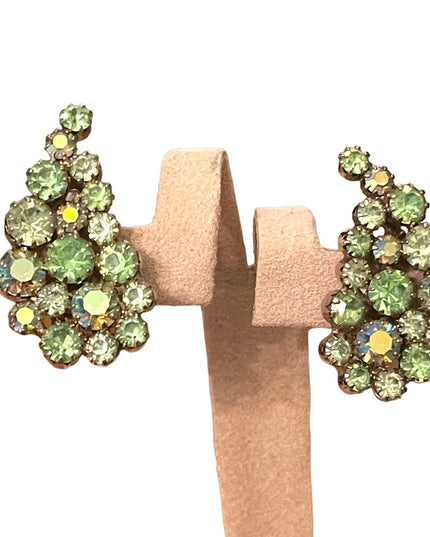 Vintage Uranium Glass? Weiss Unsigned green crystal rhinestone leaf earrings