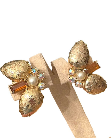 Vintage fancy gold finish rhinstone faux pearl clipmon earrings 1960s