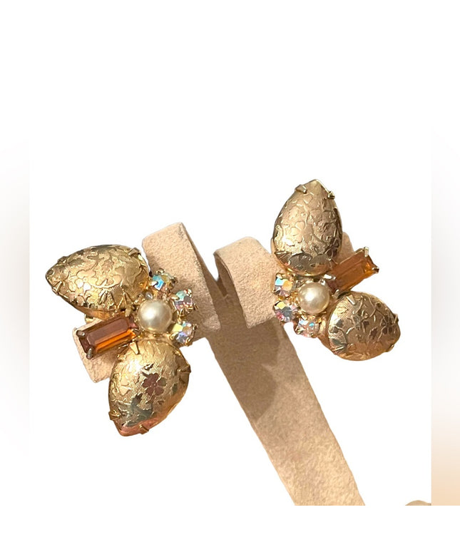 Vintage fancy gold finish rhinstone faux pearl clipmon earrings 1960s