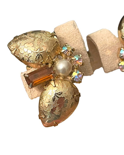 Vintage fancy gold finish rhinstone faux pearl clipmon earrings 1960s
