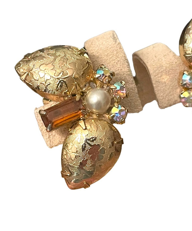 Vintage fancy gold finish rhinstone faux pearl clipmon earrings 1960s