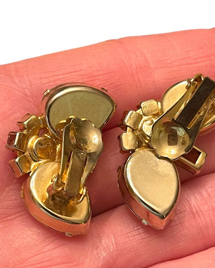 Vintage fancy gold finish rhinstone faux pearl clipmon earrings 1960s