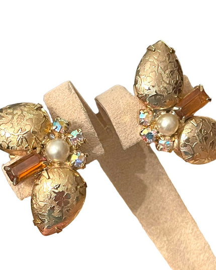 Vintage fancy gold finish rhinstone faux pearl clipmon earrings 1960s