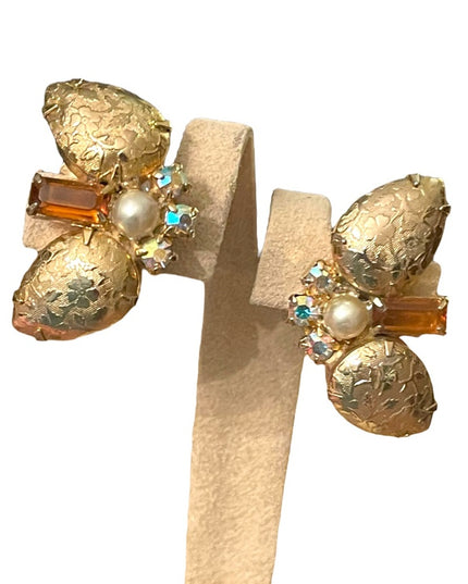 Vintage fancy gold finish rhinstone faux pearl clipmon earrings 1960s