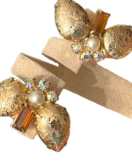Vintage fancy gold finish rhinstone faux pearl clipmon earrings 1960s