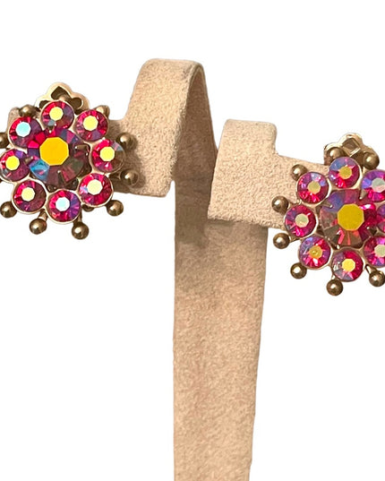 Vintage 1960s Fuscia AB crystal rhinestone flower clip on gold finish earrings