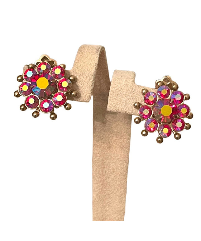 Vintage 1960s Fuscia AB crystal rhinestone flower clip on gold finish earrings