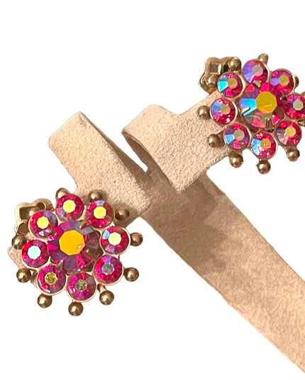 Vintage 1960s Fuscia AB crystal rhinestone flower clip on gold finish earrings