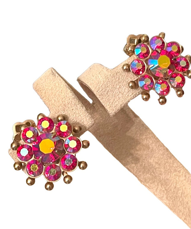 Vintage 1960s Fuscia AB crystal rhinestone flower clip on gold finish earrings