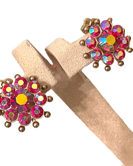 Vintage 1960s Fuscia AB crystal rhinestone flower clip on gold finish earrings