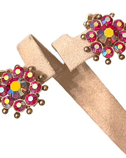 Vintage 1960s Fuscia AB crystal rhinestone flower clip on gold finish earrings