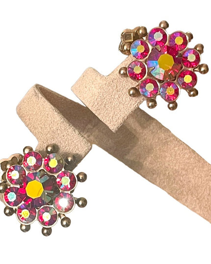 Vintage 1960s Fuscia AB crystal rhinestone flower clip on gold finish earrings