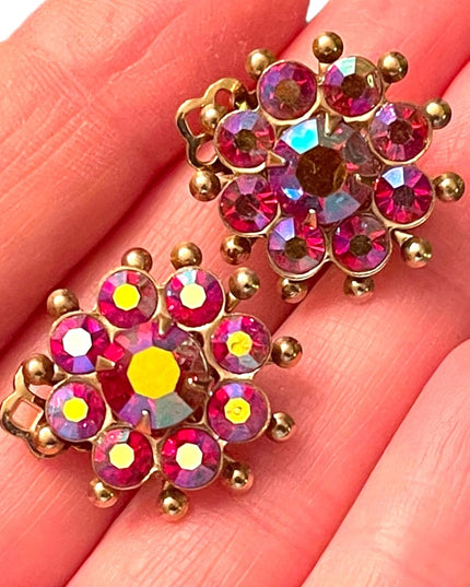 Vintage 1960s Fuscia AB crystal rhinestone flower clip on gold finish earrings