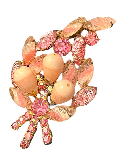 Stunning vintage glass crystal Juliana? Gold finish pink flower leaf brooch
