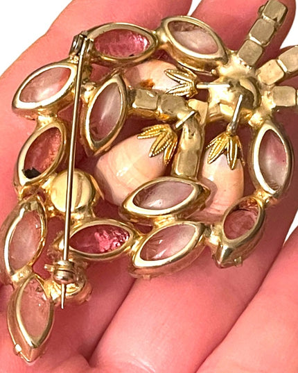 Stunning vintage glass crystal Juliana? Gold finish pink flower leaf brooch