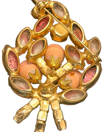 Stunning vintage glass crystal Juliana? Gold finish pink flower leaf brooch