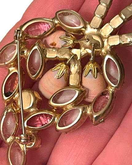 Stunning vintage glass crystal Juliana? Gold finish pink flower leaf brooch