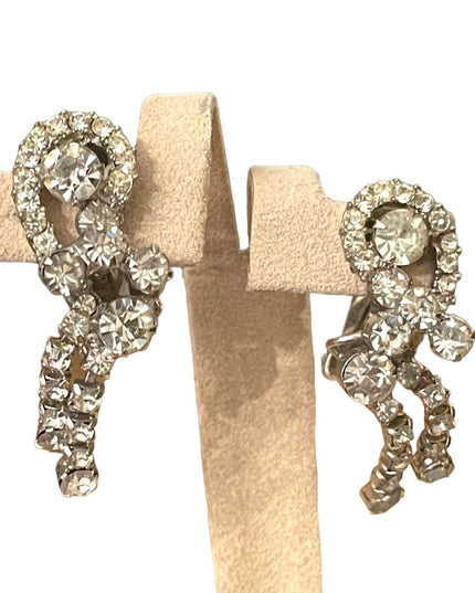 Vintage 1960s silver finish crystal rhinestone clip on dangle earrings event