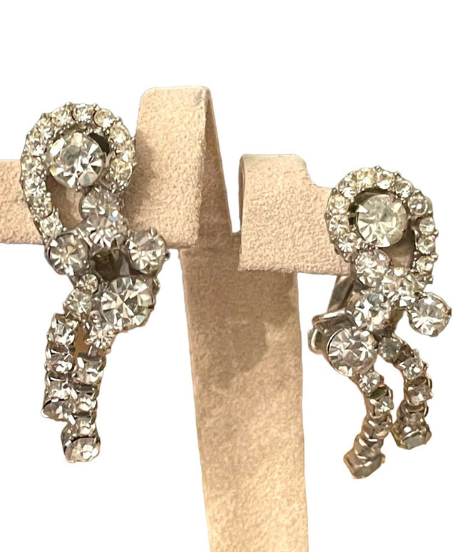 Vintage 1960s silver finish crystal rhinestone clip on dangle earrings event