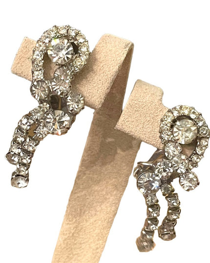 Vintage 1960s silver finish crystal rhinestone clip on dangle earrings event