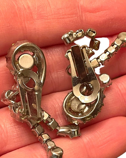 Vintage 1960s silver finish crystal rhinestone clip on dangle earrings event