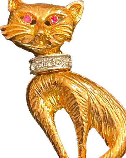 Vintage Whimsical gold finish RUBY eye rhinestone JJI Kincaid Cat kitty brooch
