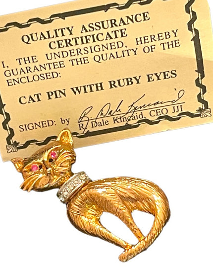Vintage Whimsical gold finish RUBY eye rhinestone JJI Kincaid Cat kitty brooch