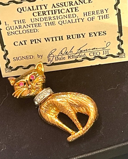 Vintage Whimsical gold finish RUBY eye rhinestone JJI Kincaid Cat kitty brooch
