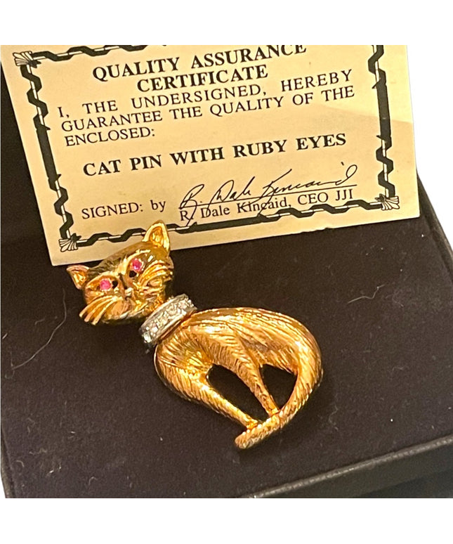 Vintage Whimsical gold finish RUBY eye rhinestone JJI Kincaid Cat kitty brooch