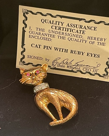 Vintage Whimsical gold finish RUBY eye rhinestone JJI Kincaid Cat kitty brooch