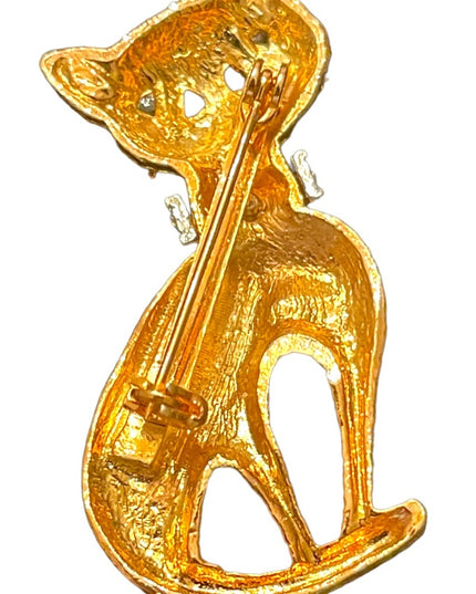 Vintage Whimsical gold finish RUBY eye rhinestone JJI Kincaid Cat kitty brooch