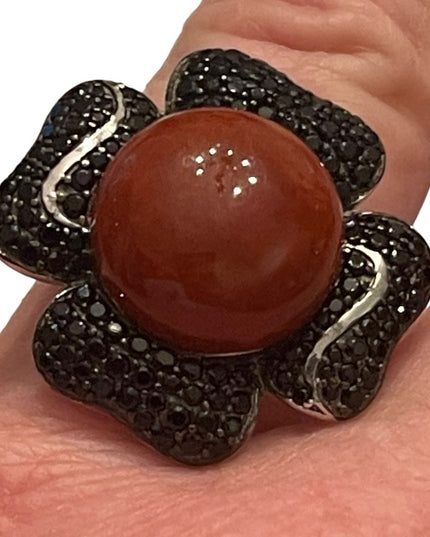Lovely Stunning Black Onyx & Carnelian LG sterling silver 925 flower ring