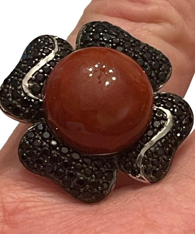 Lovely Stunning Black Onyx & Carnelian LG sterling silver 925 flower ring