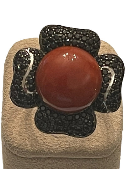 Lovely Stunning Black Onyx & Carnelian LG sterling silver 925 flower ring