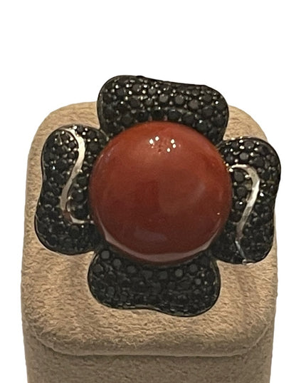 Lovely Stunning Black Onyx & Carnelian LG sterling silver 925 flower ring