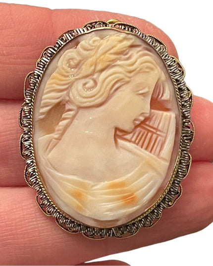 Stunning Large vintage hand carved shell Cameo brooch pendant Gold filled GF
