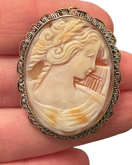 Stunning Large vintage hand carved shell Cameo brooch pendant Gold filled GF