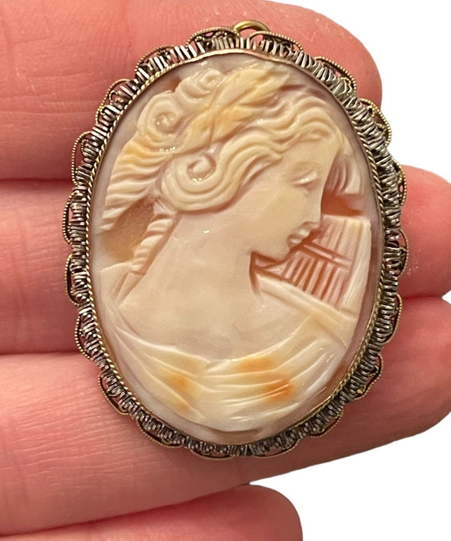 Stunning Large vintage hand carved shell Cameo brooch pendant Gold filled GF